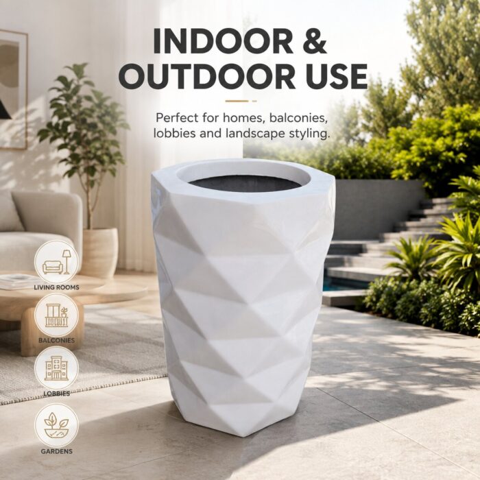 Premium Geometric White Fiberglass Planter Pot Modern Diamond Cut FRP Designer Planter (2)
