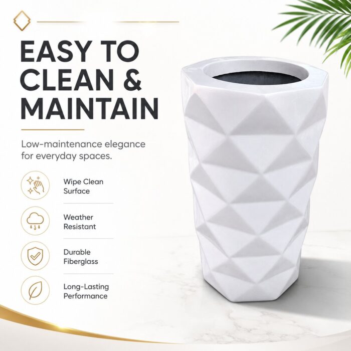 Premium Geometric White Fiberglass Planter Pot Modern Diamond Cut FRP Designer Planter (3)