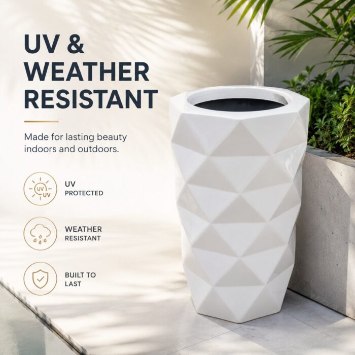 Premium Geometric White Fiberglass Planter Pot Modern Diamond Cut FRP Designer Planter (4)