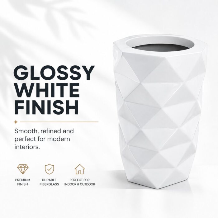 Premium Geometric White Fiberglass Planter Pot Modern Diamond Cut FRP Designer Planter (7)