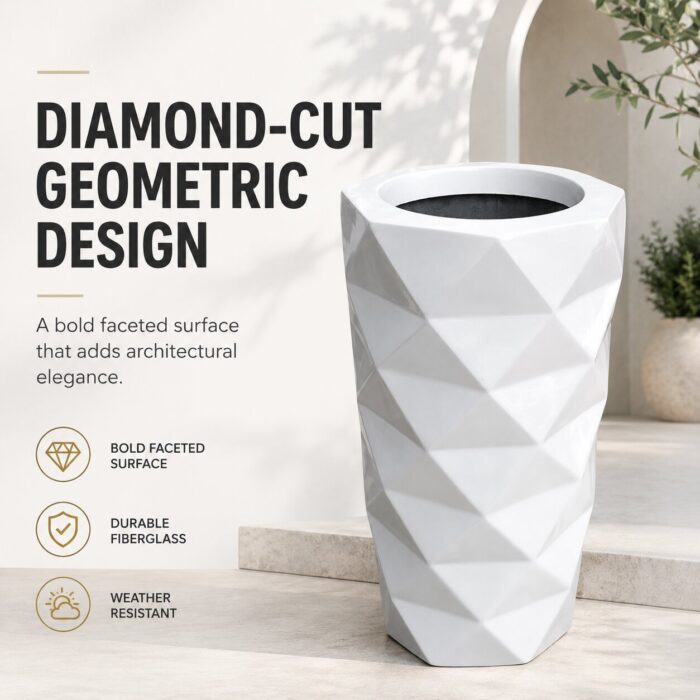 Premium Geometric White Fiberglass Planter Pot Modern Diamond Cut FRP Designer Planter (9)