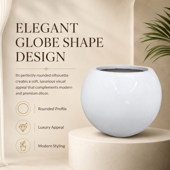 Premium Globe Fiberglass Planter Pot Luxury White Round FRP Flower Pot for Indoor & Outdoor Decor (1) Premium Globe Fiberglass Planter Pot Luxury White Round FRP Flower Pot for Indoor & Outdoor Decor (1)