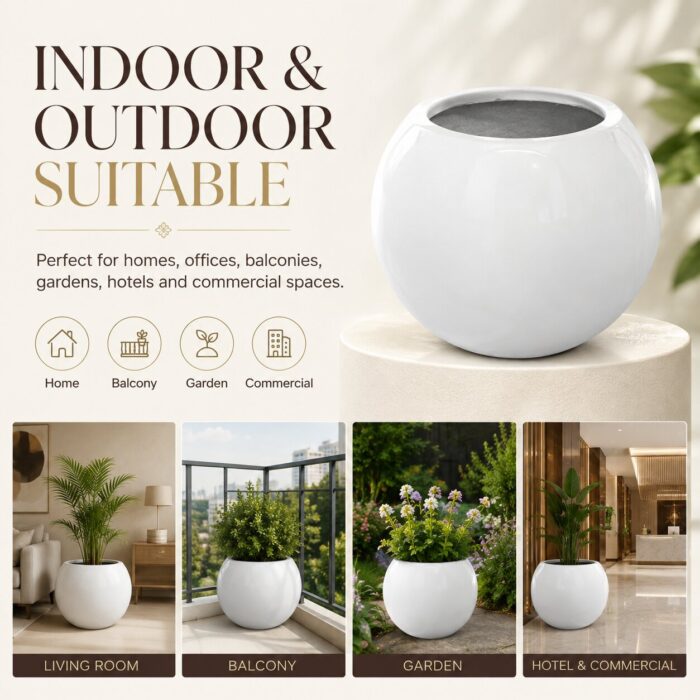 Premium Globe Fiberglass Planter Pot Luxury White Round FRP Flower Pot for Indoor & Outdoor Decor (3) Premium Globe Fiberglass Planter Pot Luxury White Round FRP Flower Pot for Indoor & Outdoor Decor (3)