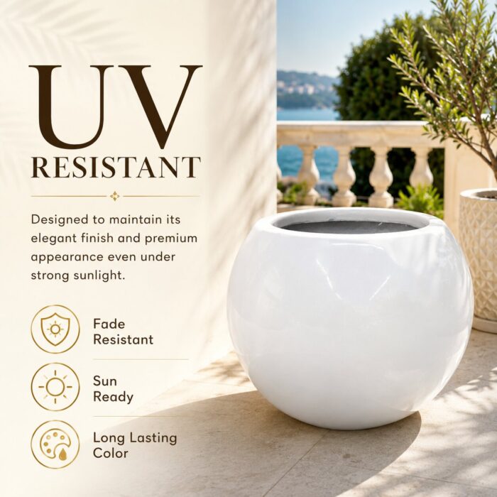 Premium Globe Fiberglass Planter Pot Luxury White Round FRP Flower Pot for Indoor & Outdoor Decor (7) Premium Globe Fiberglass Planter Pot Luxury White Round FRP Flower Pot for Indoor & Outdoor Decor (7)