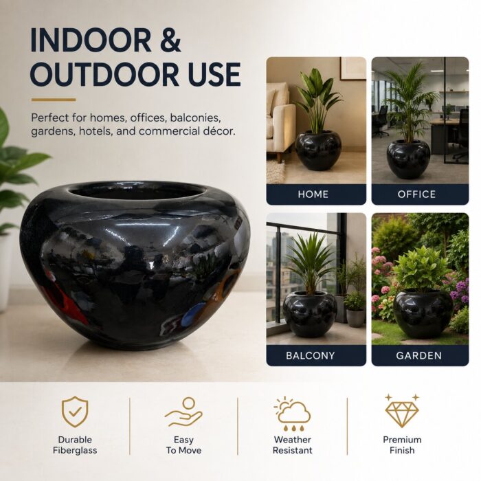 Premium Glossy Black Fiberglass Planter Pot Luxury Round FRP Flower Pot for Indoor & Outdoor Decor (2)