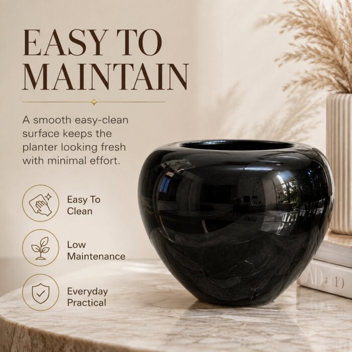 Premium Glossy Black Fiberglass Planter Pot Luxury Round FRP Flower Pot for Indoor & Outdoor Decor (3)