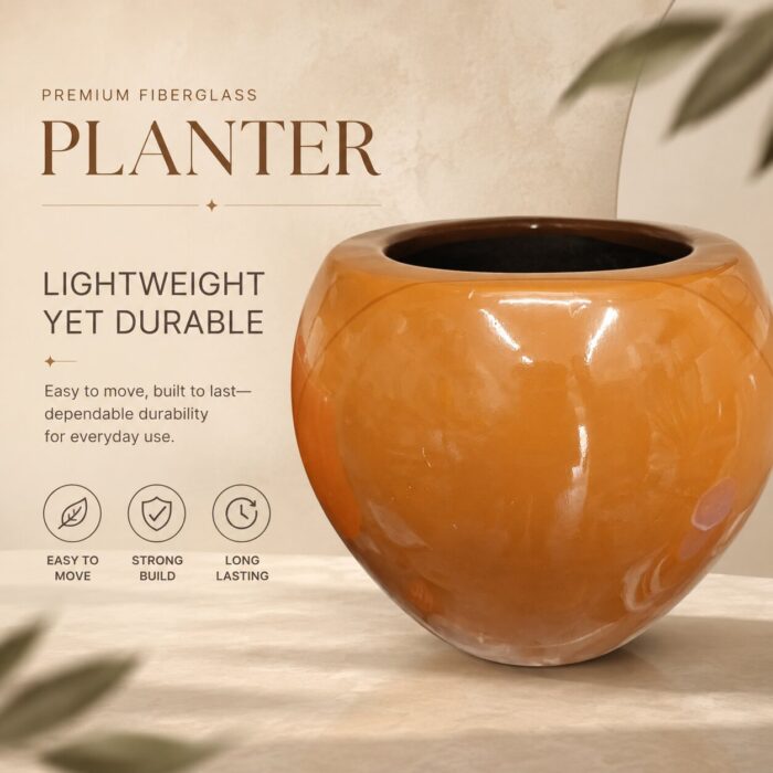 Premium Glossy Caramel Brown Fiberglass Planter Pot Luxury Round FRP Flower Pot for Indoor & Outdoor Decor (1) Premium Glossy Caramel Brown Fiberglass Planter Pot Luxury Round FRP Flower Pot for Indoor & Outdoor Decor (1)
