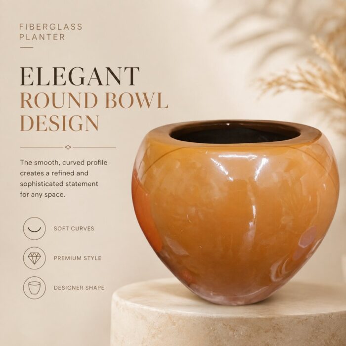 Premium Glossy Caramel Brown Fiberglass Planter Pot Luxury Round FRP Flower Pot for Indoor & Outdoor Decor (3) Premium Glossy Caramel Brown Fiberglass Planter Pot Luxury Round FRP Flower Pot for Indoor & Outdoor Decor (3)