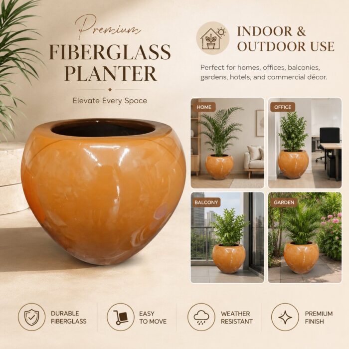 Premium Glossy Caramel Brown Fiberglass Planter Pot Luxury Round FRP Flower Pot for Indoor & Outdoor Decor (6) Premium Glossy Caramel Brown Fiberglass Planter Pot Luxury Round FRP Flower Pot for Indoor & Outdoor Decor (6)