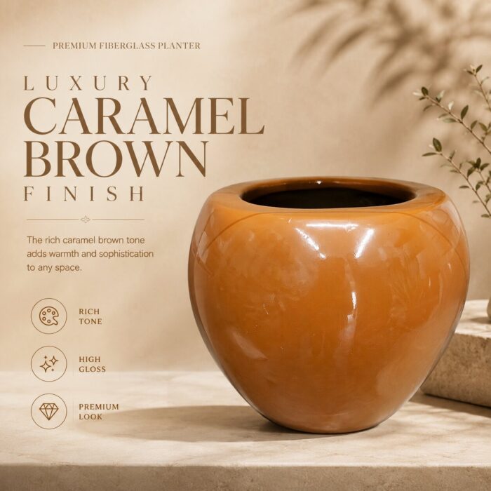 Premium Glossy Caramel Brown Fiberglass Planter Pot Luxury Round FRP Flower Pot for Indoor & Outdoor Decor (9) Premium Glossy Caramel Brown Fiberglass Planter Pot Luxury Round FRP Flower Pot for Indoor & Outdoor Decor (9)