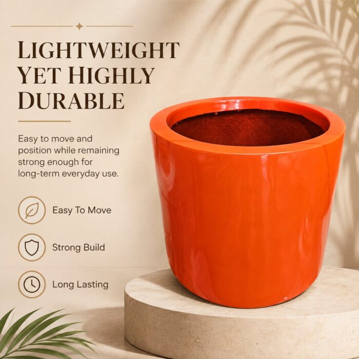 Premium Glossy Orange Fiberglass Planter Pot Modern FRP Cylinder Flower Pot for Indoor & Outdoor Decor (1)