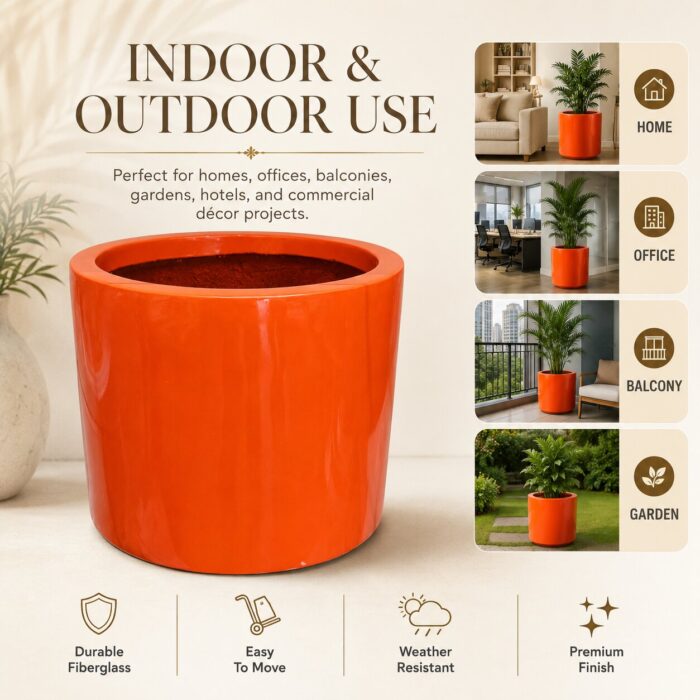 Premium Glossy Orange Fiberglass Planter Pot Modern FRP Cylinder Flower Pot for Indoor & Outdoor Decor (10)