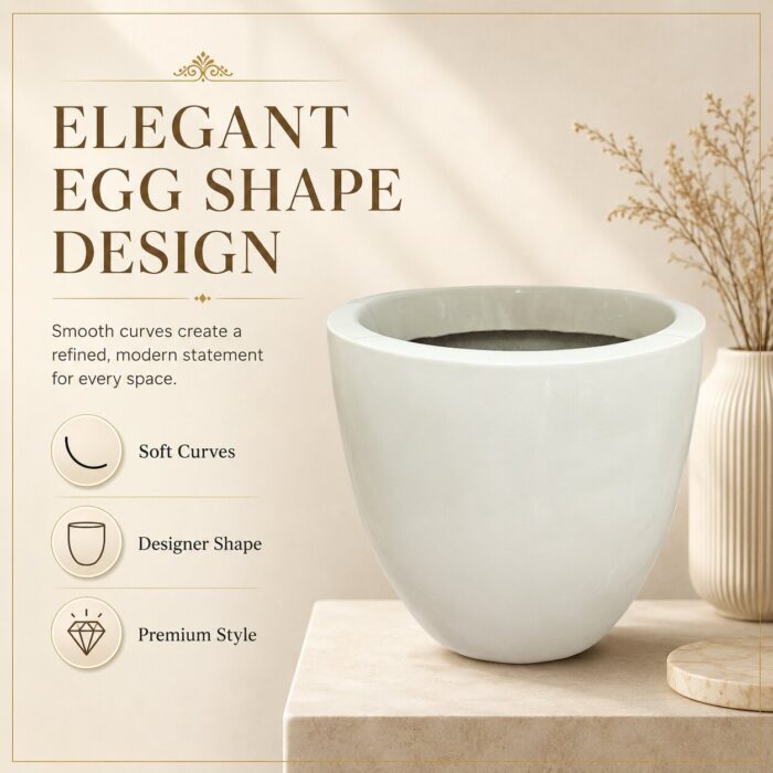 Premium Ivory White Fiberglass Planter Pot Modern Egg Shape FRP Flower Pot for Indoor & Outdoor Decor (3) Premium Ivory White Fiberglass Planter Pot Modern Egg Shape FRP Flower Pot for Indoor & Outdoor Decor (3)