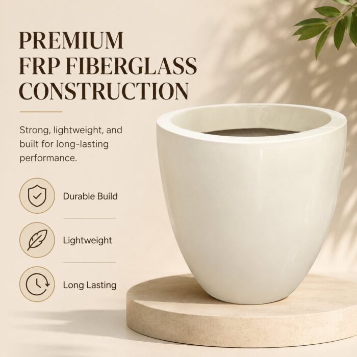 Premium Ivory White Fiberglass Planter Pot Modern Egg Shape FRP Flower Pot for Indoor & Outdoor Decor (6) Premium Ivory White Fiberglass Planter Pot Modern Egg Shape FRP Flower Pot for Indoor & Outdoor Decor (6)