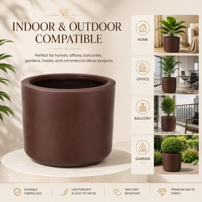 Premium Matte Brown Fiberglass Planter Pot Modern Coffee Brown FRP Cylinder Planter Premium Matte Brown Fiberglass Planter Pot Modern Coffee Brown FRP Cylinder Planter