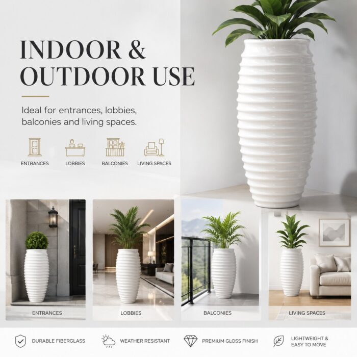 Premium Ribbed White Fiberglass Planter Tall Designer Vase Planter Pot (1)