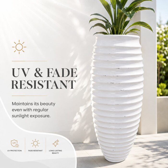 Premium Ribbed White Fiberglass Planter Tall Designer Vase Planter Pot (3)