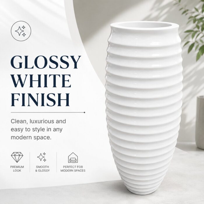 Premium Ribbed White Fiberglass Planter Tall Designer Vase Planter Pot (4)
