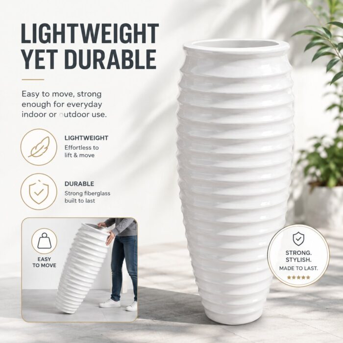 Premium Ribbed White Fiberglass Planter Tall Designer Vase Planter Pot (5)