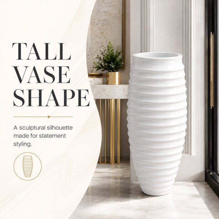 Premium Ribbed White Fiberglass Planter Tall Designer Vase Planter Pot (6)