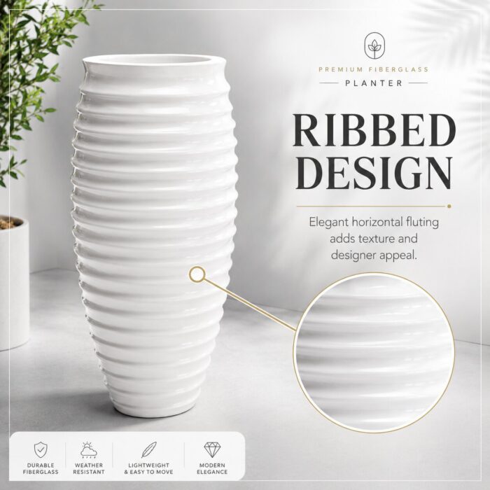 Premium Ribbed White Fiberglass Planter Tall Designer Vase Planter Pot (7)