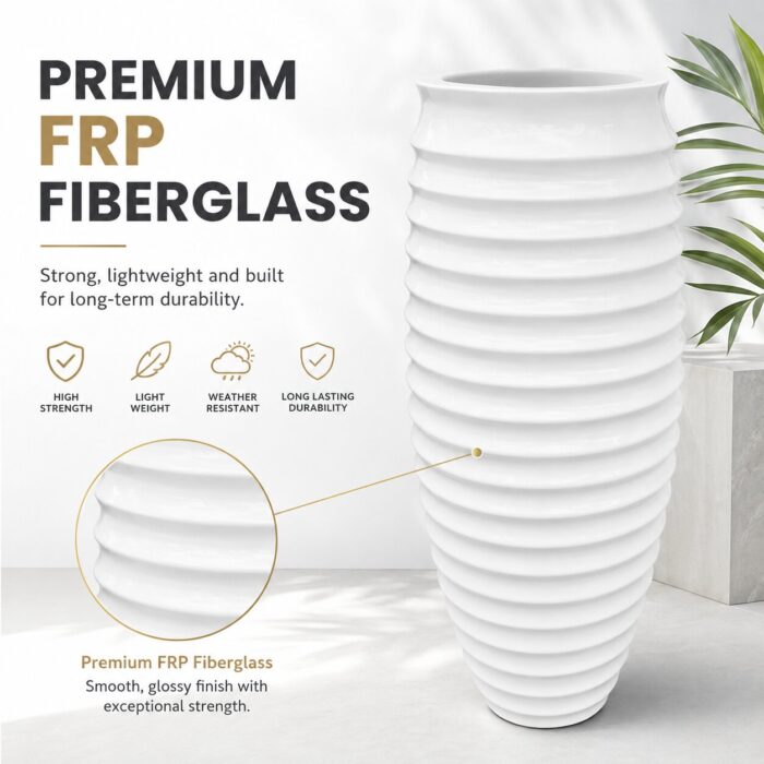 Premium Ribbed White Fiberglass Planter Tall Designer Vase Planter Pot (8)