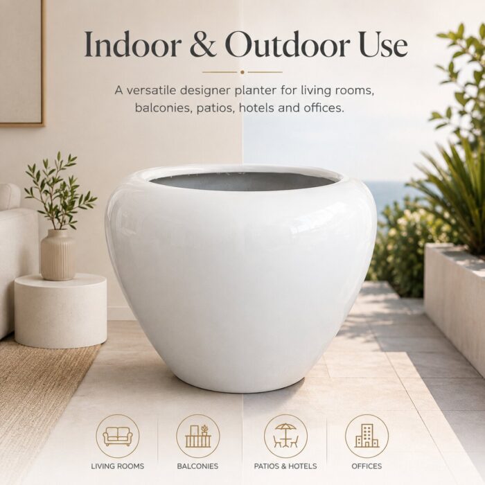 Premium White Bowl Fiberglass Planter Luxury Round FRP Designer Pot (2)