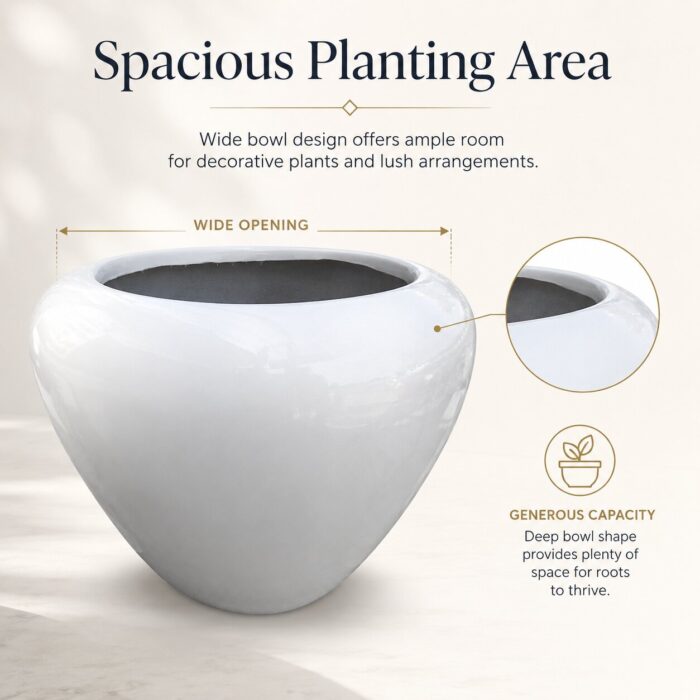 Premium White Bowl Fiberglass Planter Luxury Round FRP Designer Pot (3)