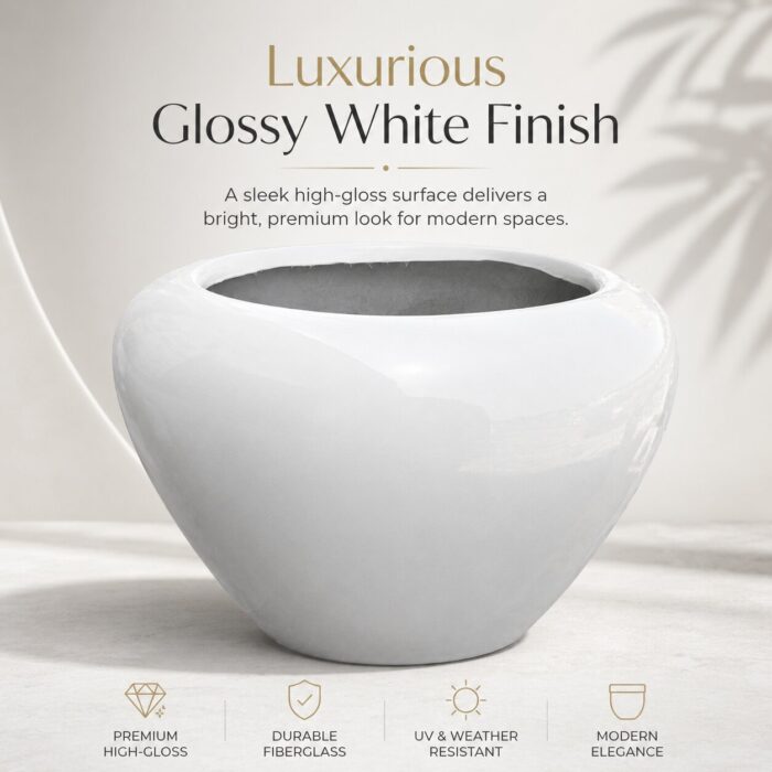 Premium White Bowl Fiberglass Planter Luxury Round FRP Designer Pot (7)