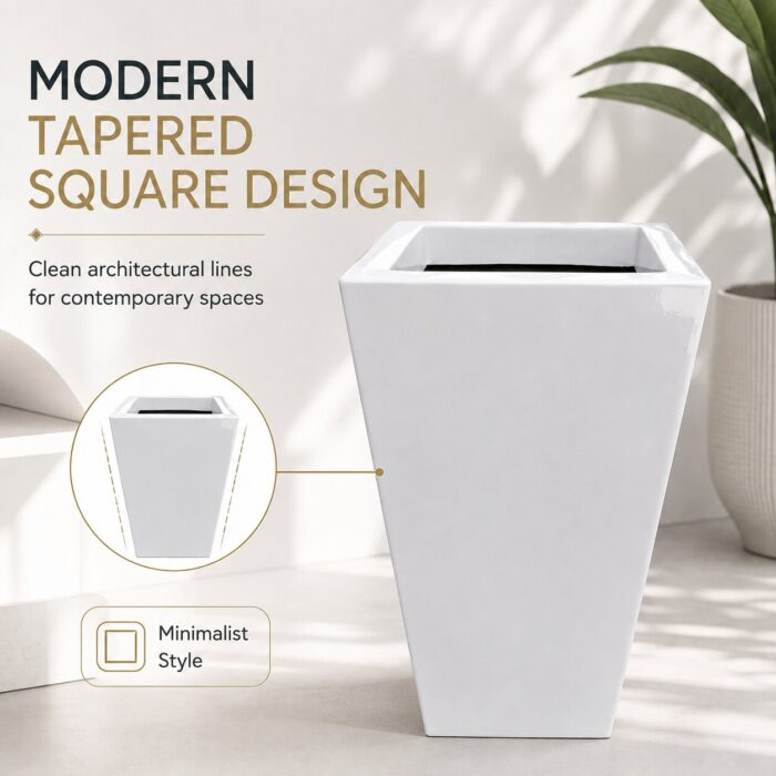Premium White Tapered Square Fiberglass Planter Modern FRP Designer Planter Pot (2)