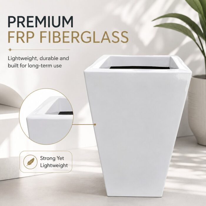 Premium White Tapered Square Fiberglass Planter Modern FRP Designer Planter Pot (4)