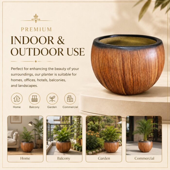 Premium Wood Finish Fiberglass Planter Pot Designer Wooden Texture FRP Flower Pot (2) Premium Wood Finish Fiberglass Planter Pot Designer Wooden Texture FRP Flower Pot (2)