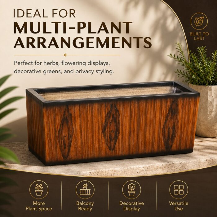 Premium Wooden Finish Rectangular Fiberglass Planter Luxury FRP Trough Planter for Indoor & Outdoor Decor (1) Premium Wooden Finish Rectangular Fiberglass Planter Luxury FRP Trough Planter for Indoor & Outdoor Decor (1)
