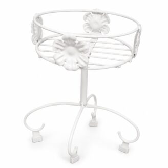 White Iron Floral Plant Stand - Decorative Single Round Basket-Style Flower Pot Holder