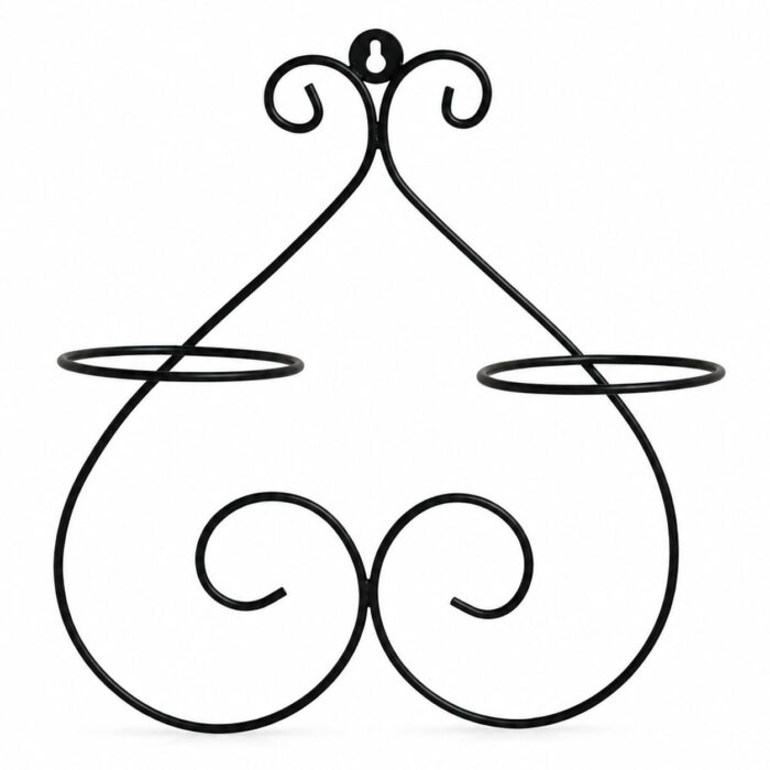 Double Ring Scroll Design Black Iron Wall Mounted Planter Holder - 2 Pot Flower Holder Double Ring Scroll Design Black Iron Wall Mounted Planter Holder - 2 Pot Flower Holder