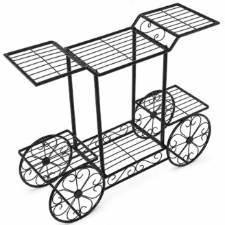 Vintage Flower Cart Design Black Iron Multi-Tier Plant Stand - Decorative Multi-Pot Planter Rack